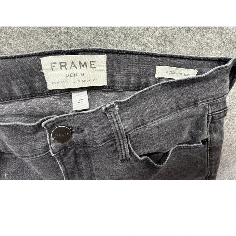 Frame Denim Le Skinny de Jeanne Jeans 27 Charcoal Gray Distressed Knee Raw Hem